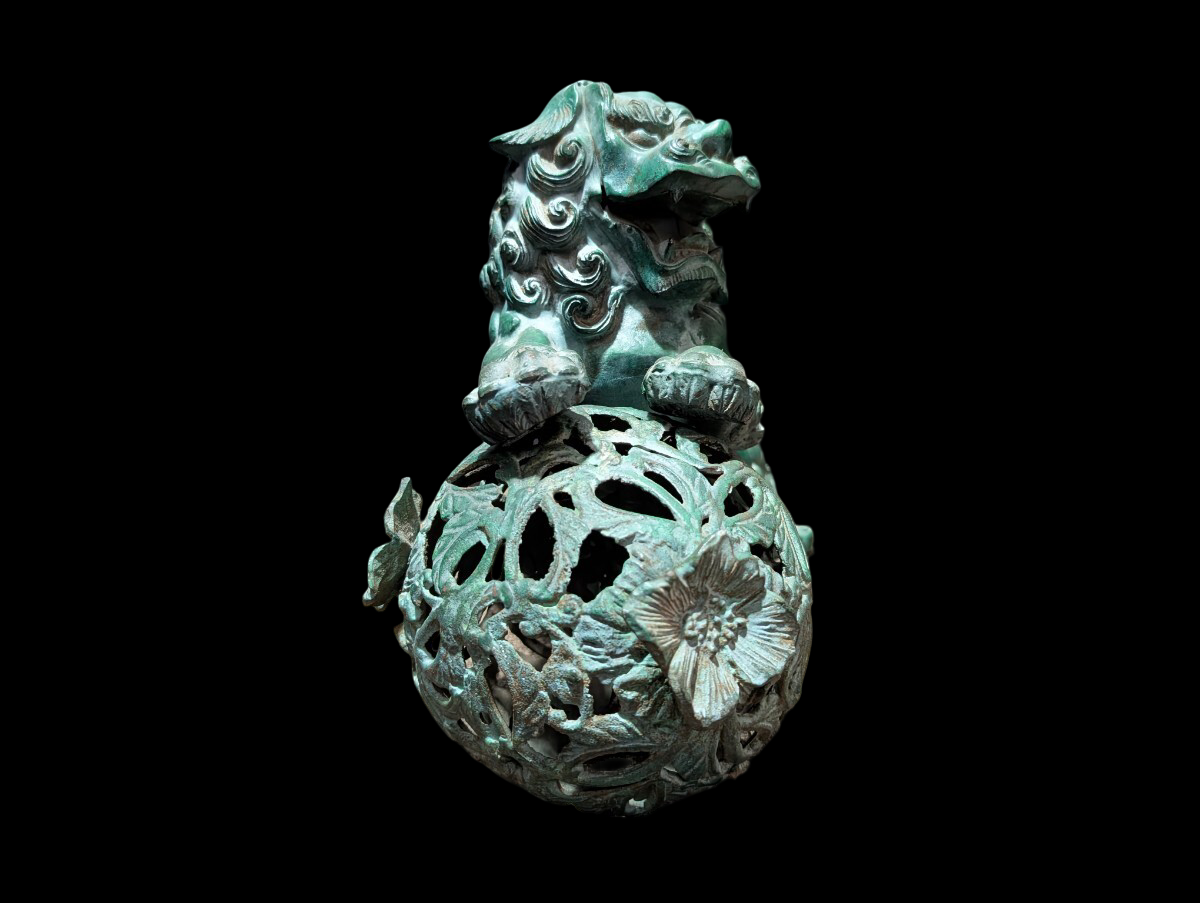 Vintage Showa Era Japanese Guardian Shishi Koma Inu Lion Metal Okimono with Jewel Ball