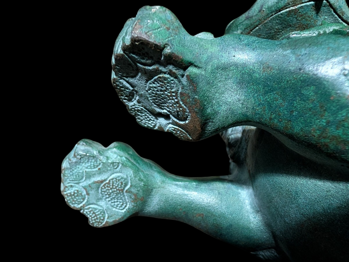 Vintage Showa Era Japanese Guardian Shishi Koma Inu Lion Metal Okimono with Jewel Ball