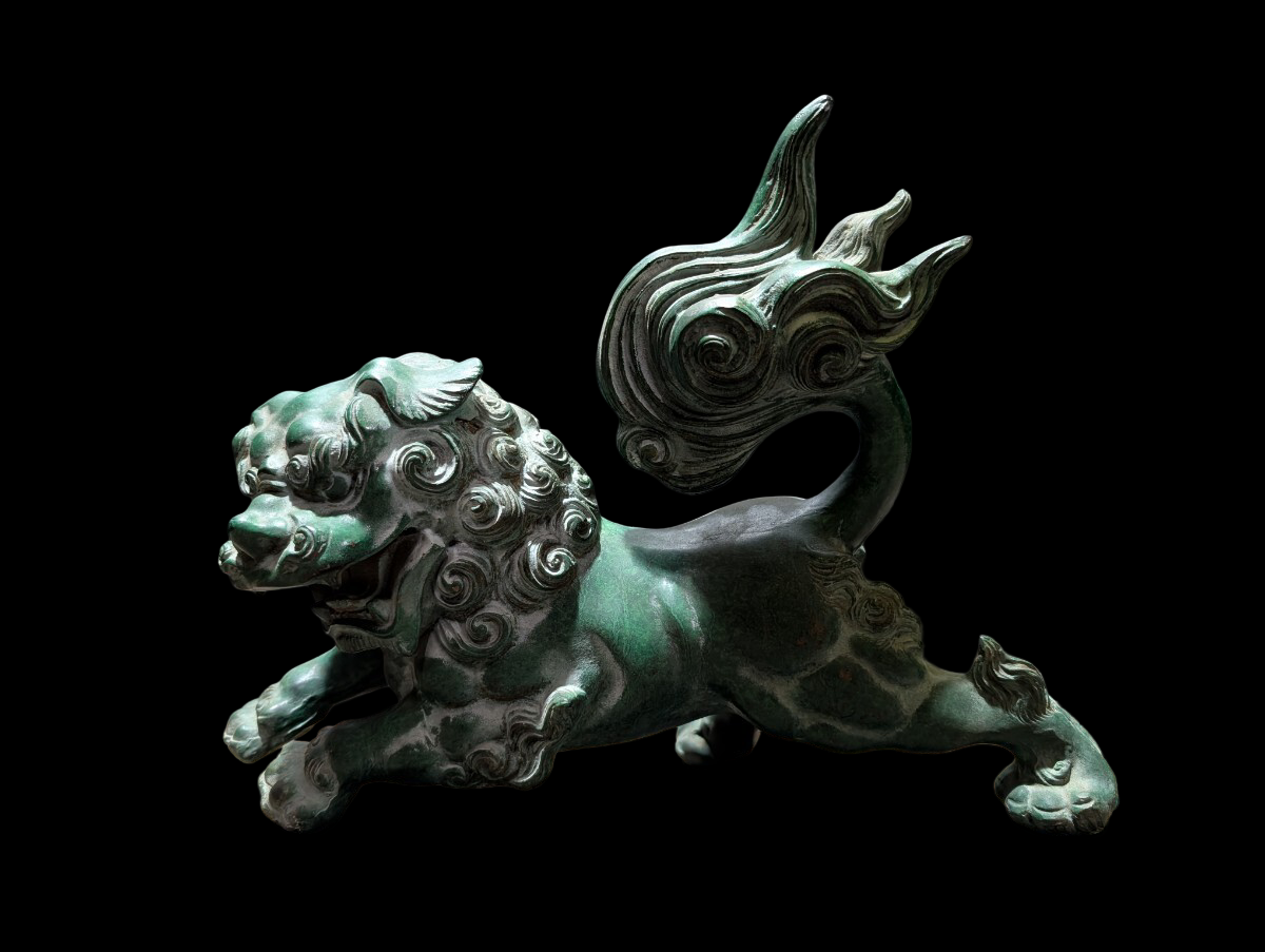 Vintage Showa Era Japanese Guardian Shishi Koma Inu Lion Metal Okimono with Jewel Ball