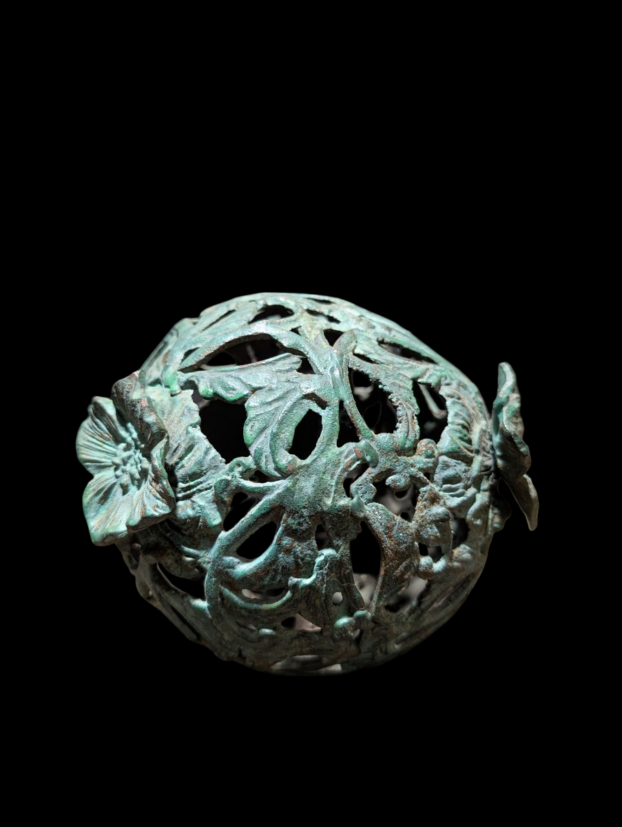 Vintage Showa Era Japanese Guardian Shishi Koma Inu Lion Metal Okimono with Jewel Ball