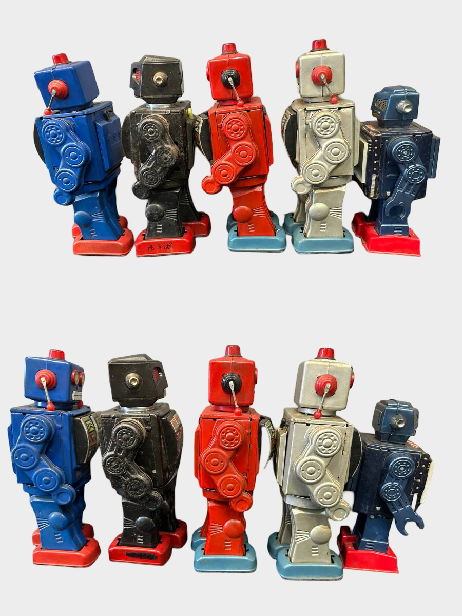 Vintage Japanese Horikawa Tin Robot Group Collection Set Showa Era Battery & Friction Robots Display 5 pcs Lot Set