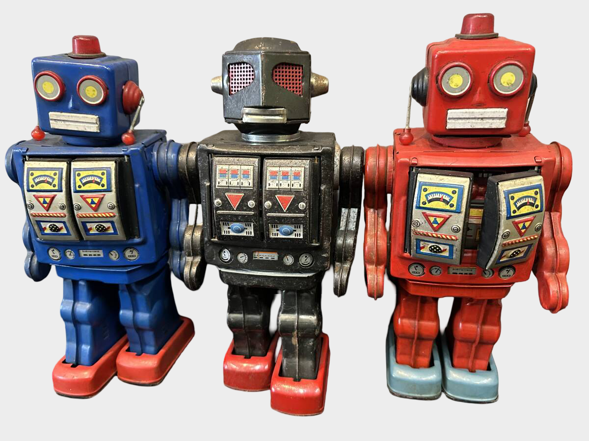 Vintage Japanese Horikawa Tin Robot Group Collection Set Showa Era Battery & Friction Robots Display 5 pcs Lot Set