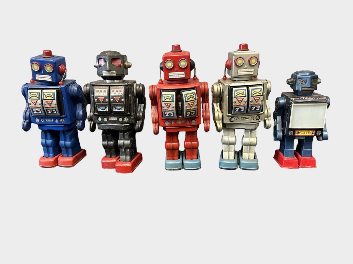 Vintage Japanese Horikawa Tin Robot Group Collection Set Showa Era Battery & Friction Robots Display 5 pcs Lot Set