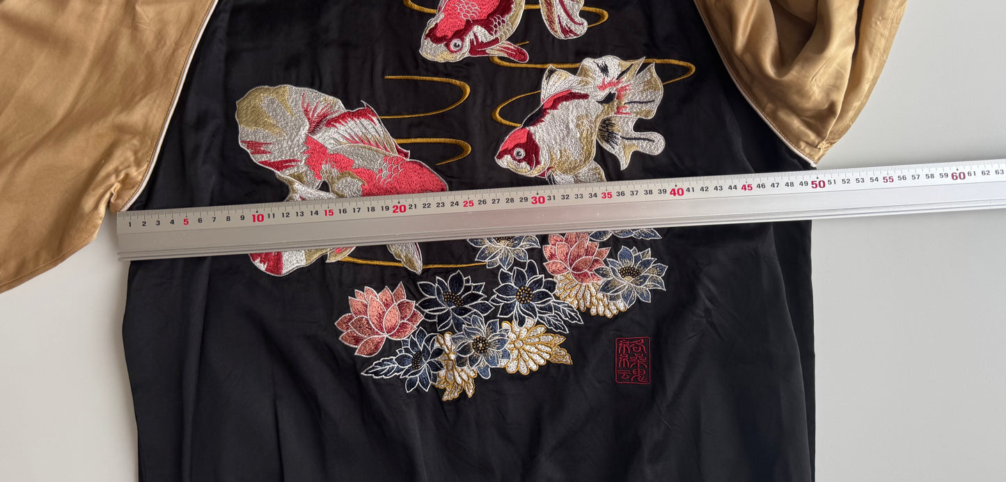 Vintage Karakuri Tamashii Reversible Sukajan Jacket L Dragon Fuji Goldfish Lotus Embroidered Japanese Souvenir Bomber