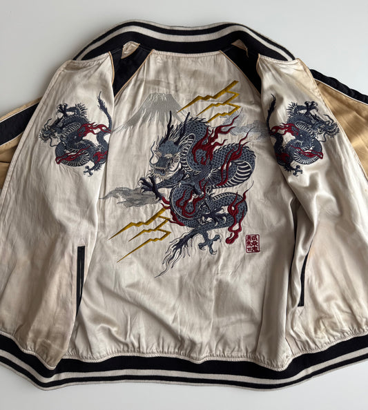 Vintage Karakuri Tamashii Reversible Sukajan Jacket L Dragon Fuji Goldfish Lotus Embroidered Japanese Souvenir Bomber