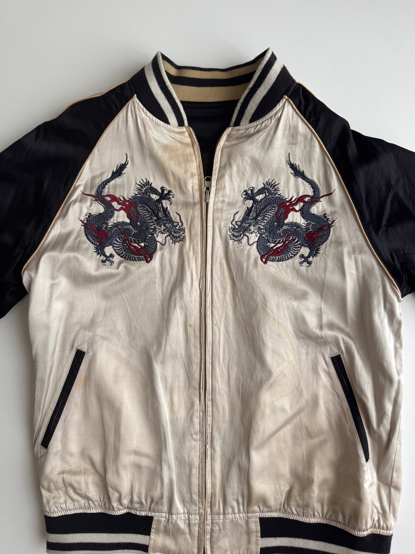 Vintage Karakuri Tamashii Reversible Sukajan Jacket L Dragon Fuji Goldfish Lotus Embroidered Japanese Souvenir Bomber