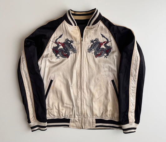 Vintage Karakuri Tamashii Reversible Sukajan Jacket L Dragon Fuji Goldfish Lotus Embroidered Japanese Souvenir Bomber