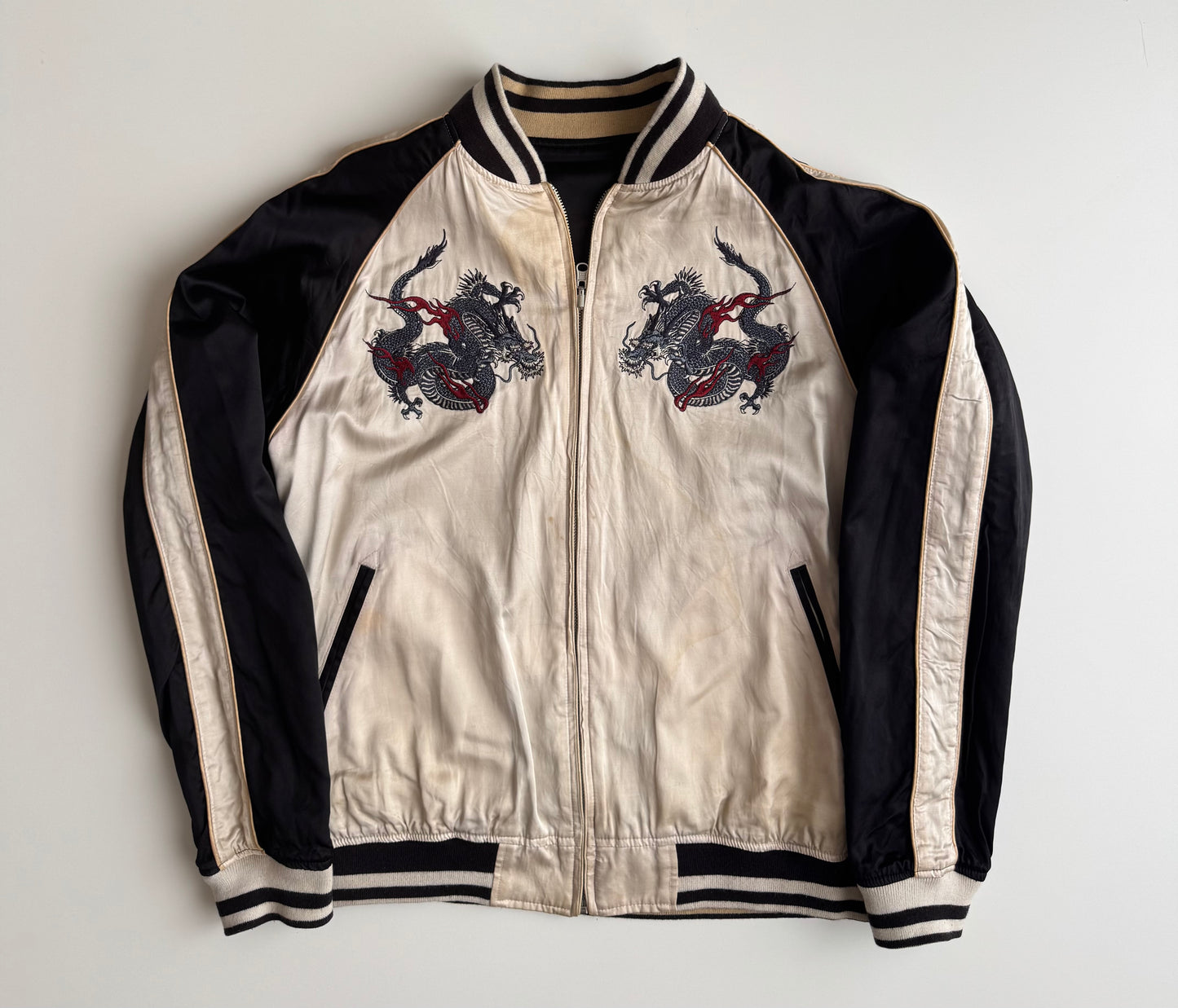 Vintage Karakuri Tamashii Reversible Sukajan Jacket L Dragon Fuji Goldfish Lotus Embroidered Japanese Souvenir Bomber