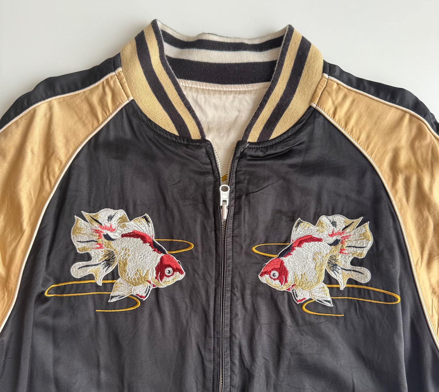 Vintage Karakuri Tamashii Reversible Sukajan Jacket L Dragon Fuji Goldfish Lotus Embroidered Japanese Souvenir Bomber