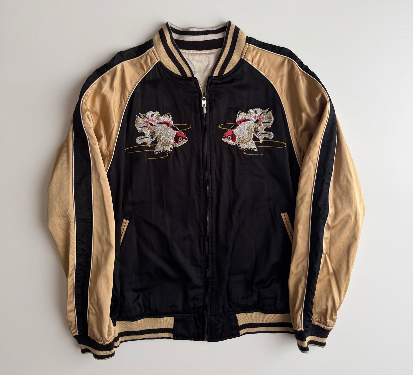 Vintage Karakuri Tamashii Reversible Sukajan Jacket L Dragon Fuji Goldfish Lotus Embroidered Japanese Souvenir Bomber