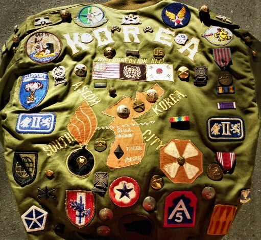 Vintage Korea Tour Jacket Patch Covered Military Souvenir Jacket 40s 50s Squadron Badge Trophy Jacket Rare