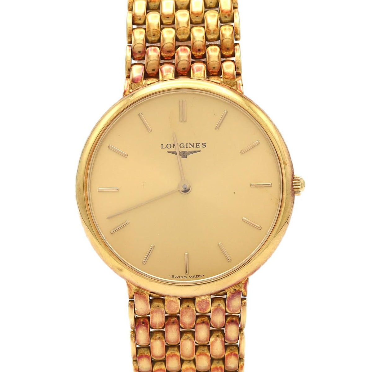 Vintage Longines Yellow Gold Quartz · 33mm Round Case · Integrated Gold Bracelet · Swiss Dress Watch