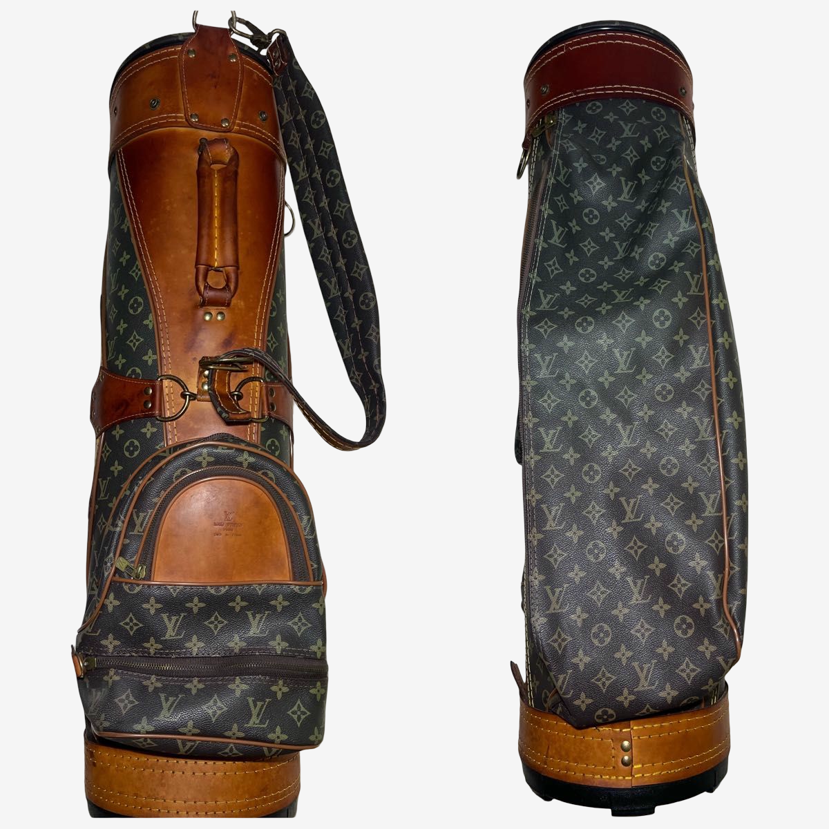 Louis Vuitton Vintage Monogram Golf Caddy Bag, Patinated Vachetta Leather, with Hood & Shoulder Strap