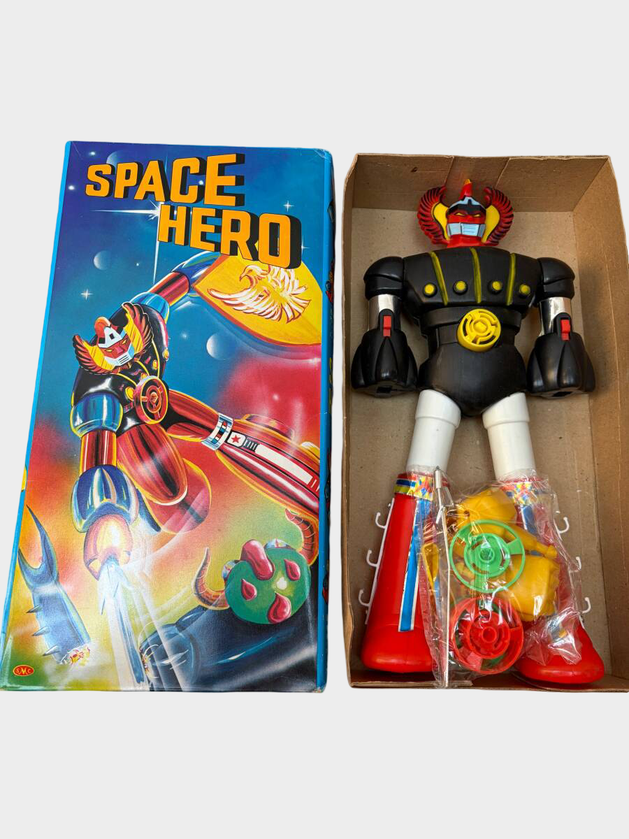 Vintage Space Hero Robot Toy Boxed Set with Accessories, 1970s Grendizer-Era Japanese Character Robot Figure