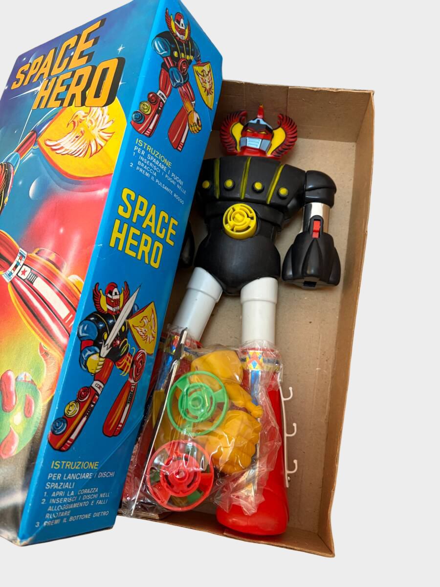 Vintage Space Hero Robot Toy Boxed Set with Accessories, 1970s Grendizer-Era Japanese Character Robot Figure
