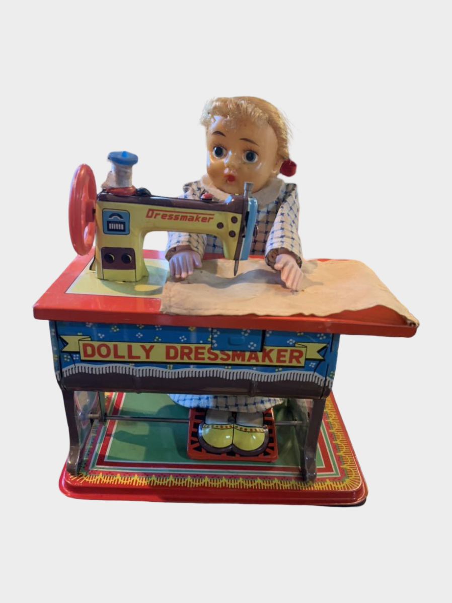 Vintage T.N. Nomura Dolly Dressmaker Tin Sewing Doll Showa Japanese Battery Toy