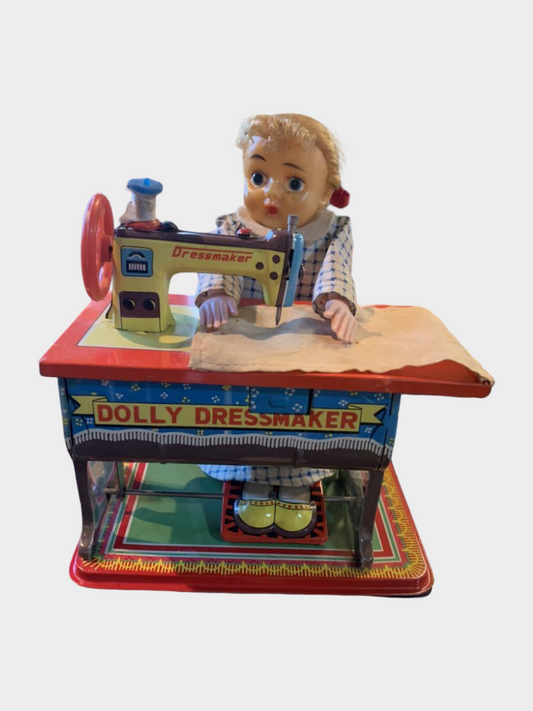 Vintage T.N. Nomura Dolly Dressmaker Tin Sewing Doll Showa Japanese Battery Toy
