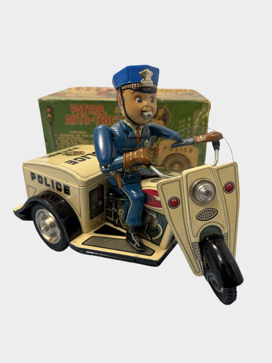 T.N. Nomura Patrol Auto-Tricycle Tin Police Bike with Box — Showa Japanese Battery Toy