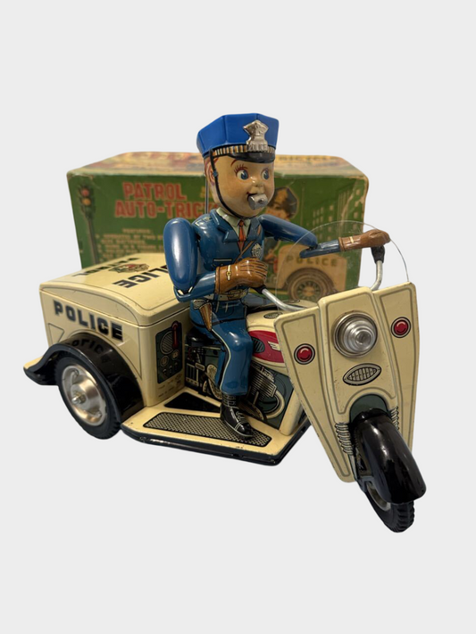 T.N. Nomura Patrol Auto-Tricycle Tin Police Bike with Box — Showa Japanese Battery Toy