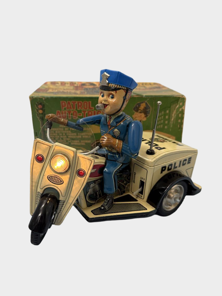 T.N. Nomura Patrol Auto-Tricycle Tin Police Bike with Box — Showa Japanese Battery Toy