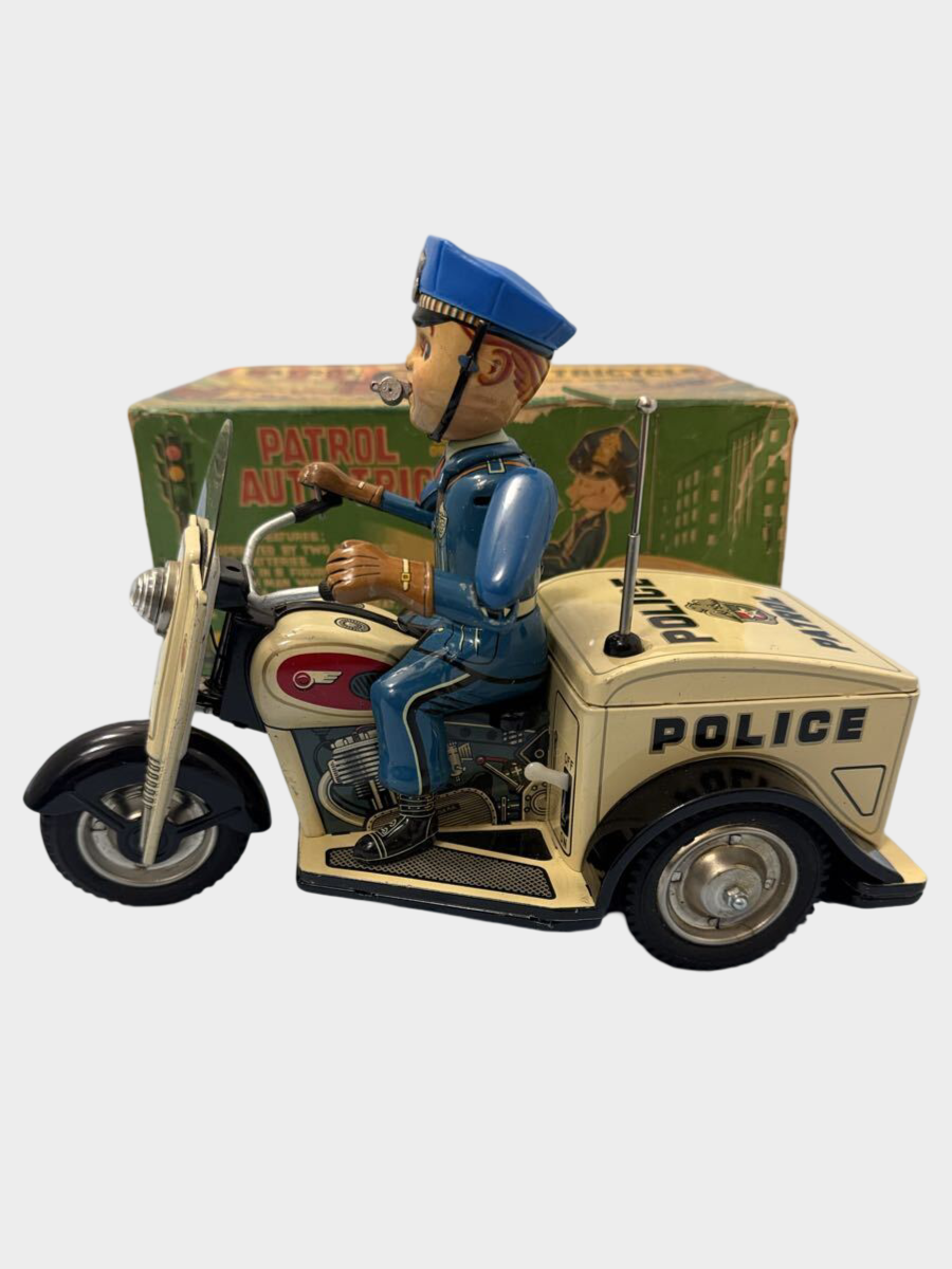 T.N. Nomura Patrol Auto-Tricycle Tin Police Bike with Box — Showa Japanese Battery Toy