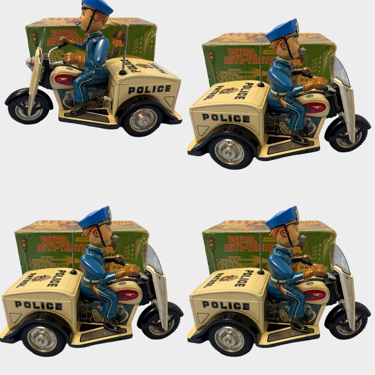 T.N. Nomura Patrol Auto-Tricycle Tin Police Bike with Box — Showa Japanese Battery Toy