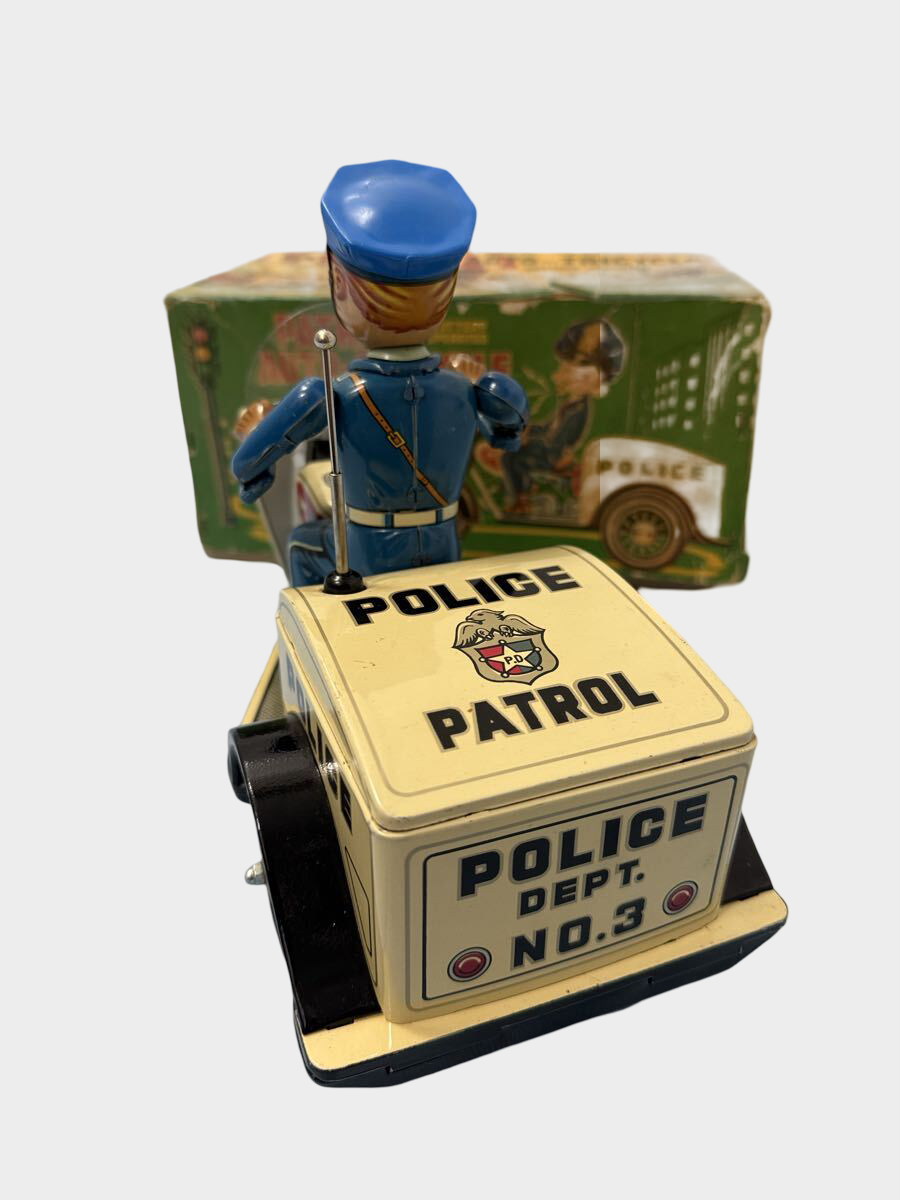 T.N. Nomura Patrol Auto-Tricycle Tin Police Bike with Box — Showa Japanese Battery Toy