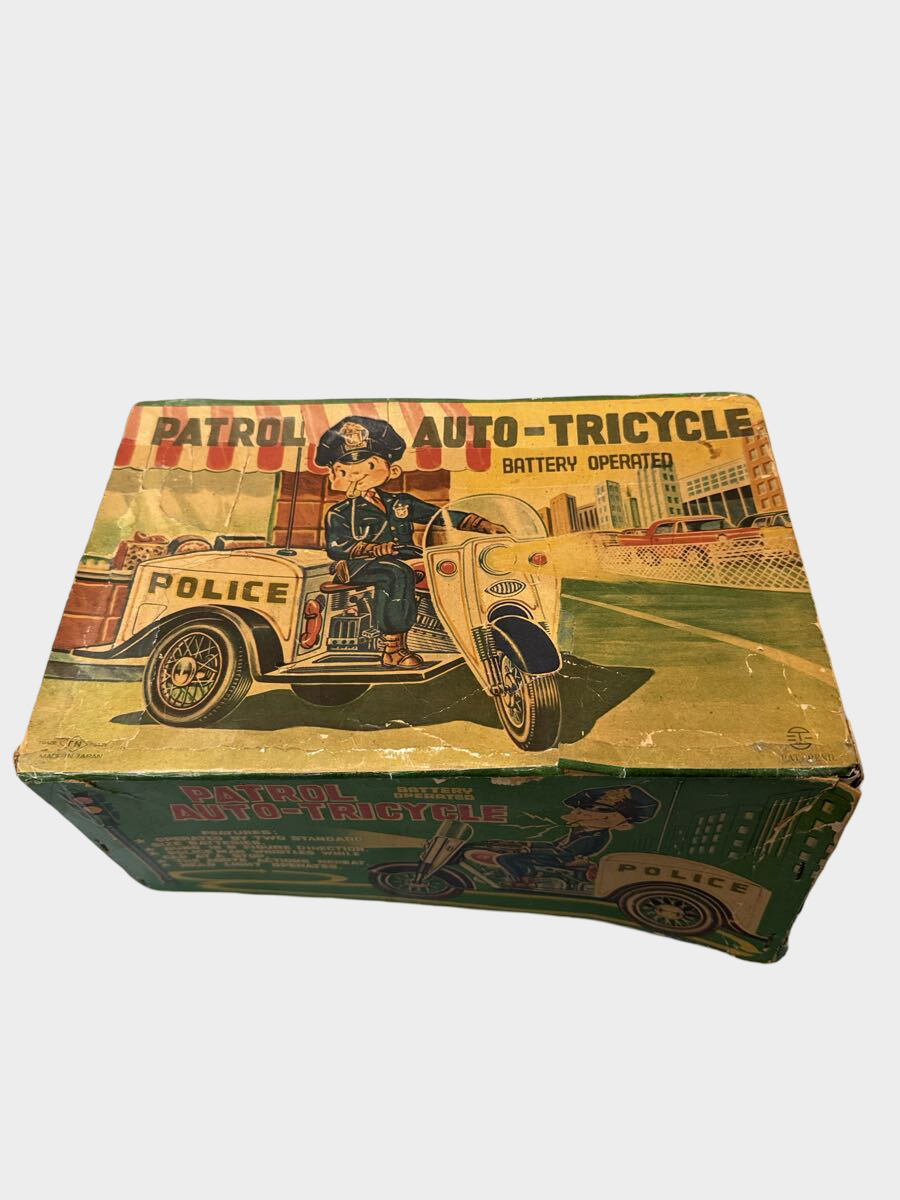 T.N. Nomura Patrol Auto-Tricycle Tin Police Bike with Box — Showa Japanese Battery Toy