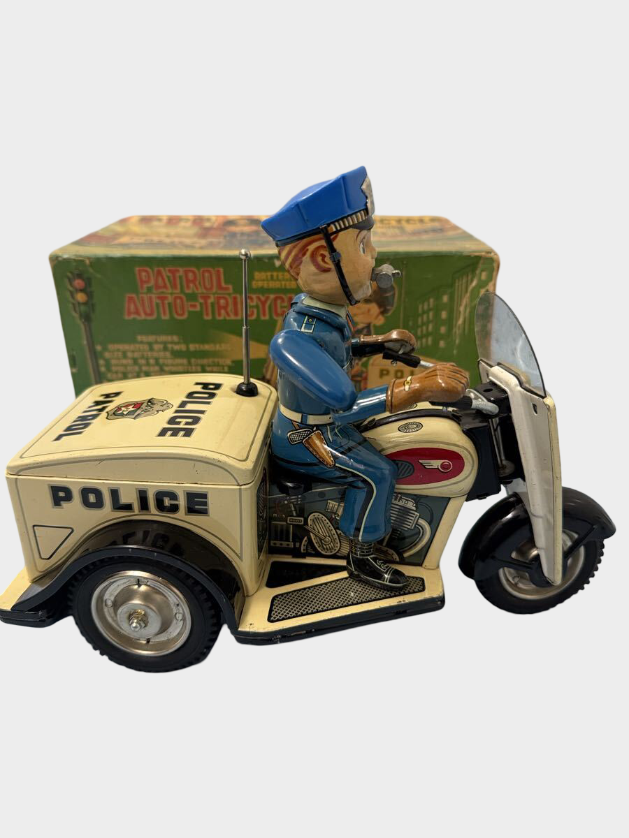 T.N. Nomura Patrol Auto-Tricycle Tin Police Bike with Box — Showa Japanese Battery Toy