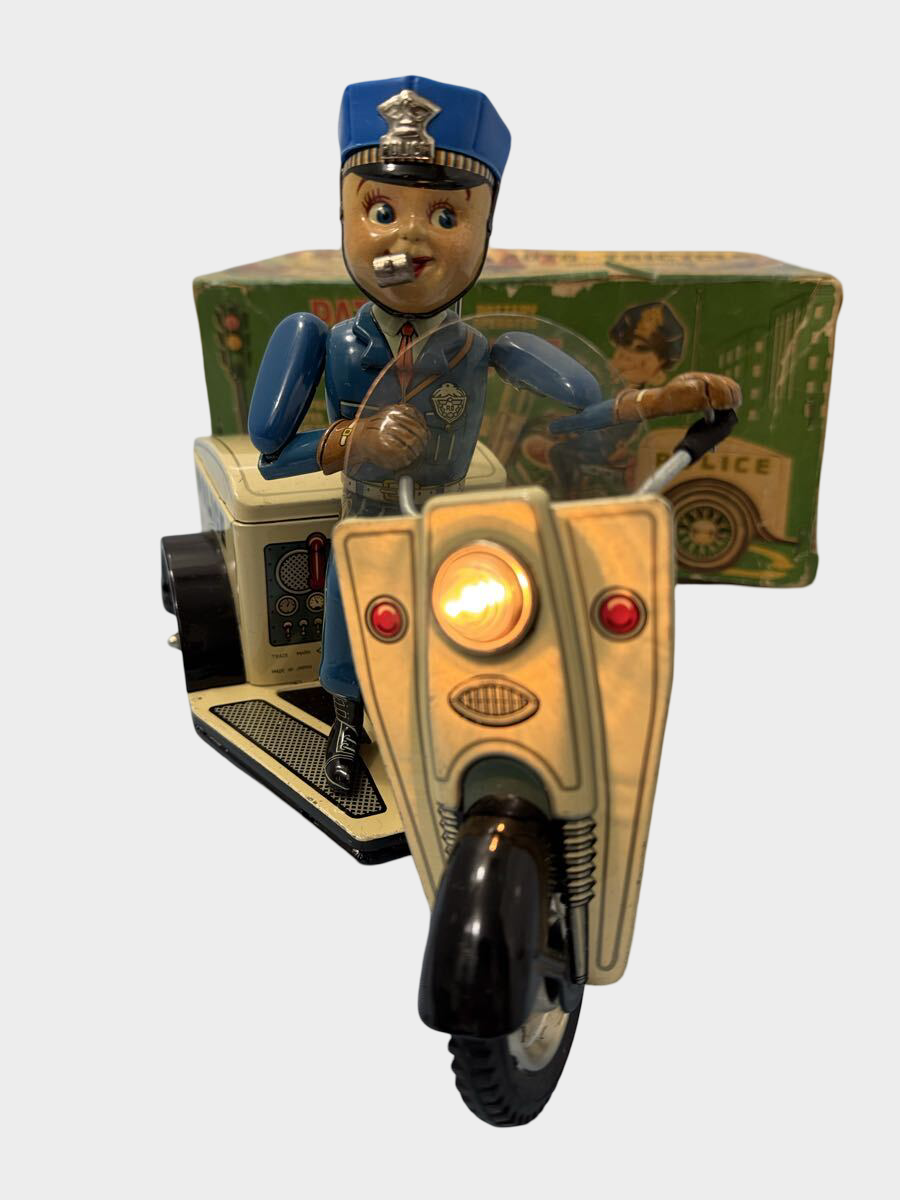 T.N. Nomura Patrol Auto-Tricycle Tin Police Bike with Box — Showa Japanese Battery Toy