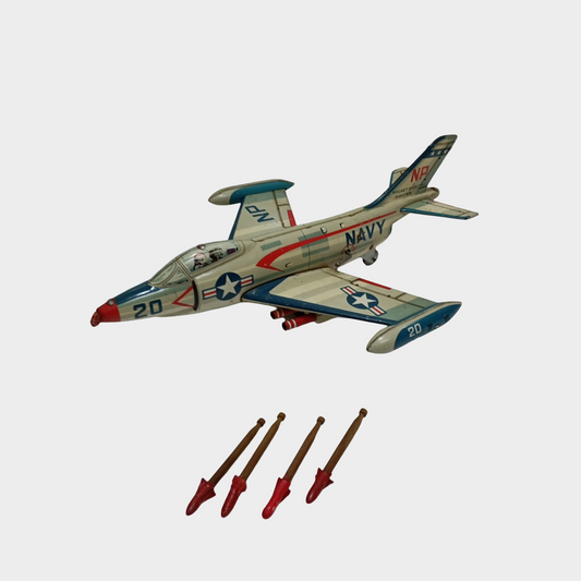 T.N. Nomura Rocket Shooting Fighter Jet with Missiles — Showa Japanese Tin Aviation Toy