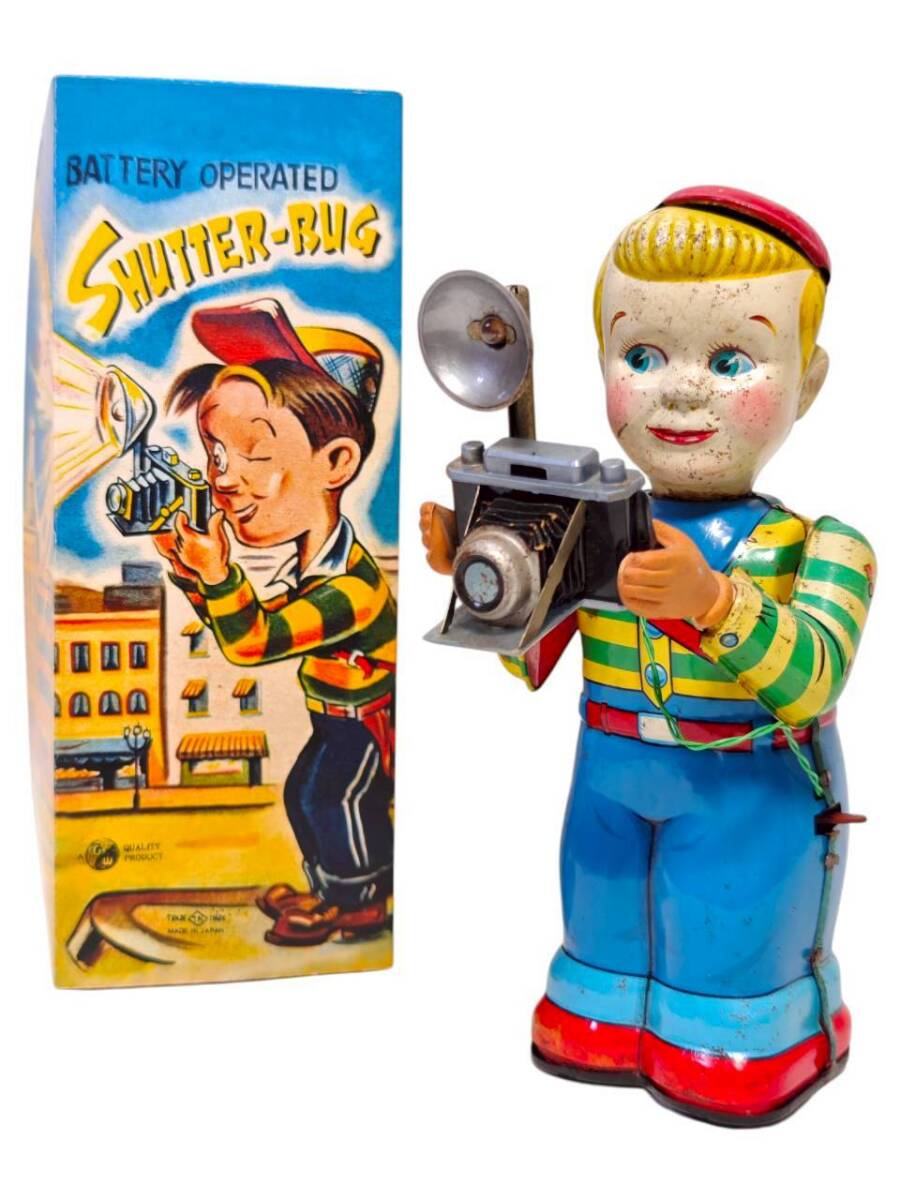 Vintage T.N. Nomura Shutter Bug Tin Camera Man with Box Showa Japanese Battery Toy