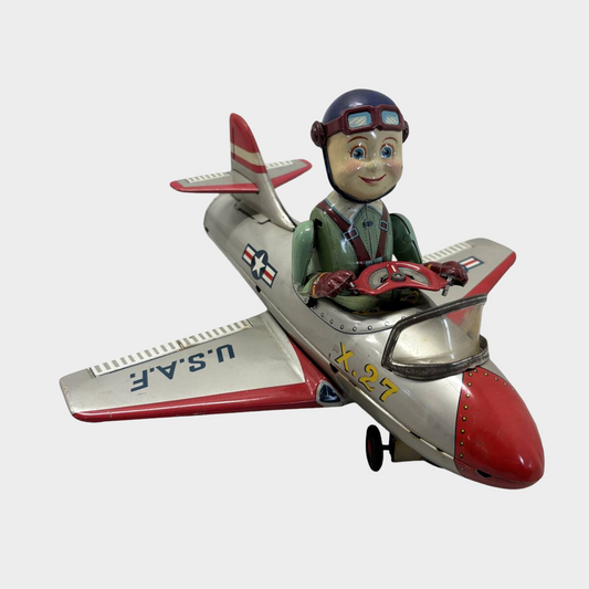 T.N. Nomura U.S.A.F. X-27 Jet Tin Airplane with Pilot — Showa Japanese Aviation Toy