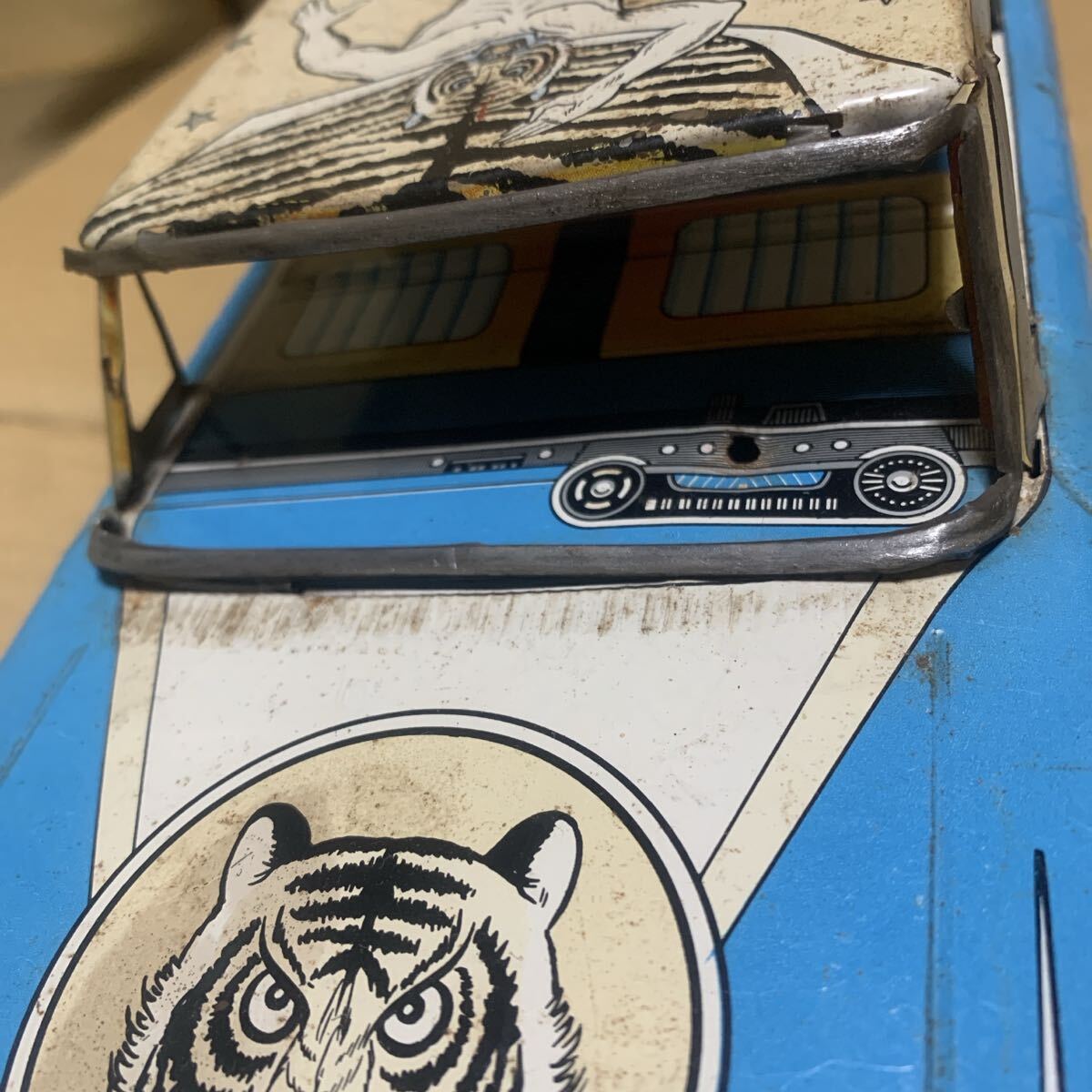 Vintage Tiger Mask Tinplate Friction Car | Takatoku Showa Era Japanese Manga Toy 34cm