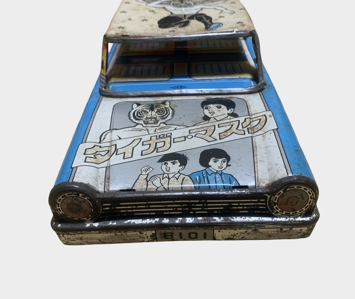 Vintage Tiger Mask Tinplate Friction Car | Takatoku Showa Era Japanese Manga Toy 34cm