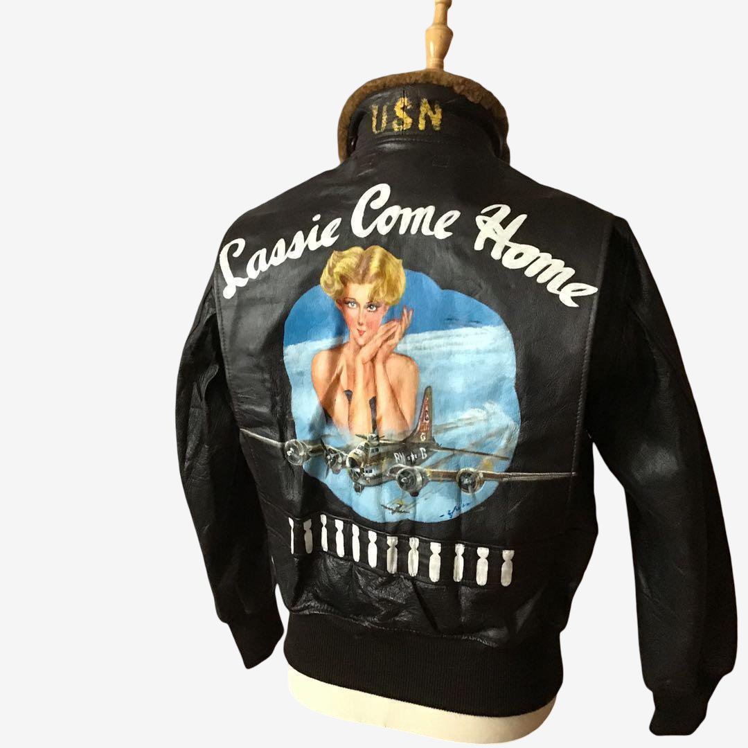 Vintage USN G-1 Flight Jacket Cassie Come Home Back Painted Naval Leather Jacket Bar TALON Size 38