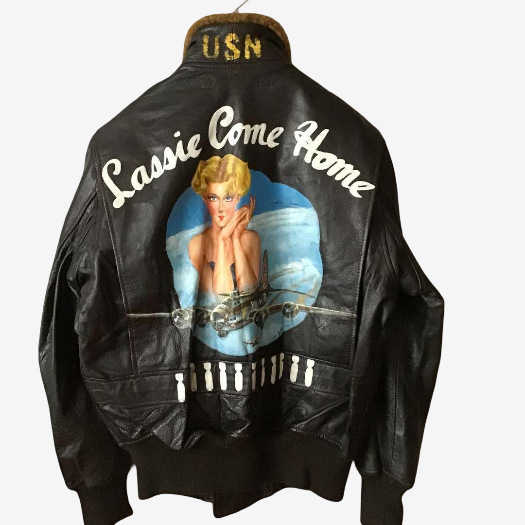 Vintage USN G-1 Flight Jacket Cassie Come Home Back Painted Naval Leather Jacket Bar TALON Size 38