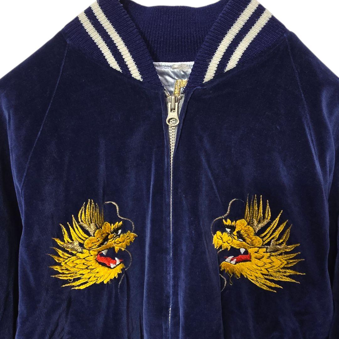 Vintage West Pac Tour Sukajan Jacket Velvet Navy 90s Japan Dragon Eagle Embroidery Rare