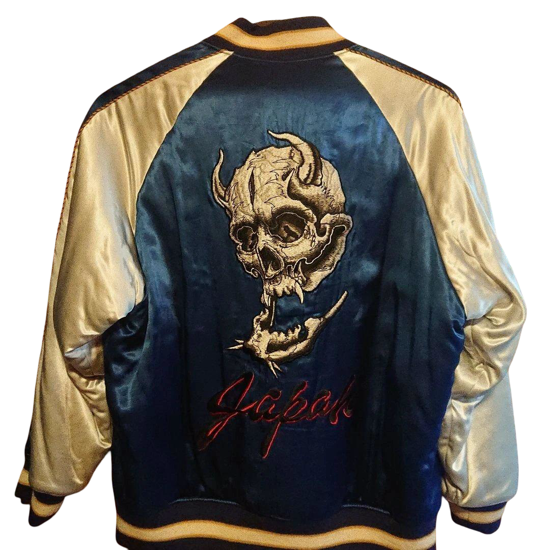 WACKO MARIA x 56 Tattoo Studio “Gebor” Horned Skull Reversible Sukajan Jacket — Blue & Champagne Satin — Size L