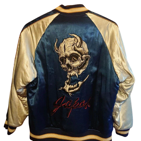 WACKO MARIA x 56 Tattoo Studio “Gebor” Horned Skull Reversible Sukajan Jacket — Blue & Champagne Satin — Size L