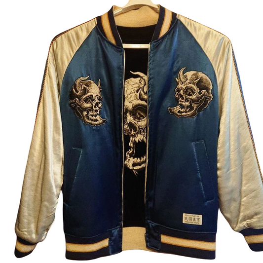 WACKO MARIA x 56 Tattoo Studio “Gebor” Horned Skull Reversible Sukajan Jacket — Blue & Champagne Satin — Size L