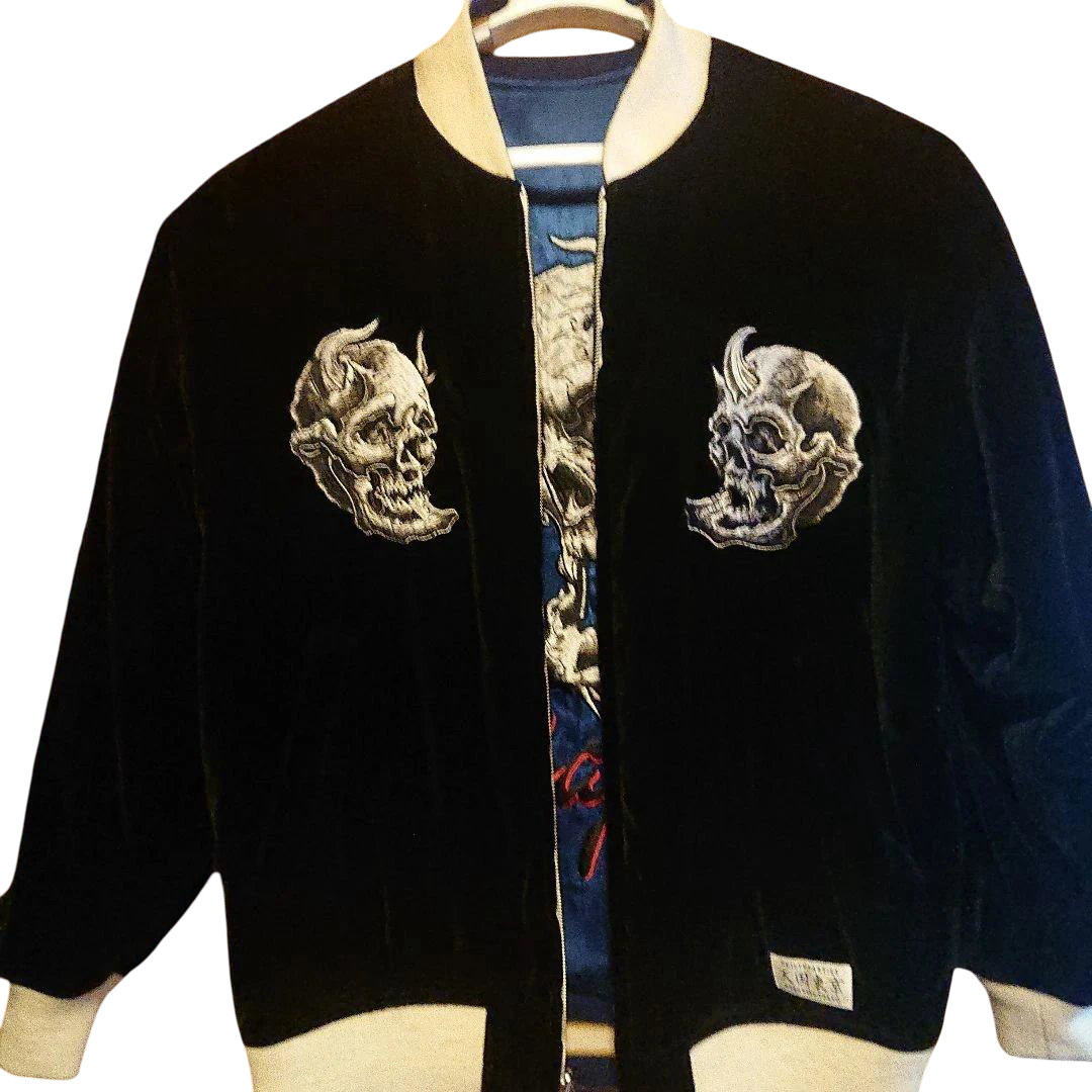 WACKO MARIA x 56 Tattoo Studio “Gebor” Horned Skull Reversible Sukajan Jacket — Blue & Champagne Satin — Size L