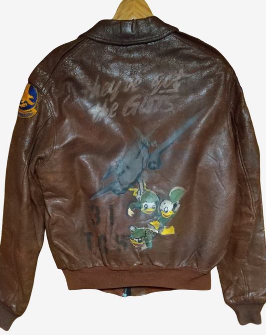 Vintage Museum Quality WW2 WWII A-2 Flight Jacket Perry Sportswear Donald Duck Disney Disneyana Nose Art They’ve Got the Guts Leather Bomber Size 40