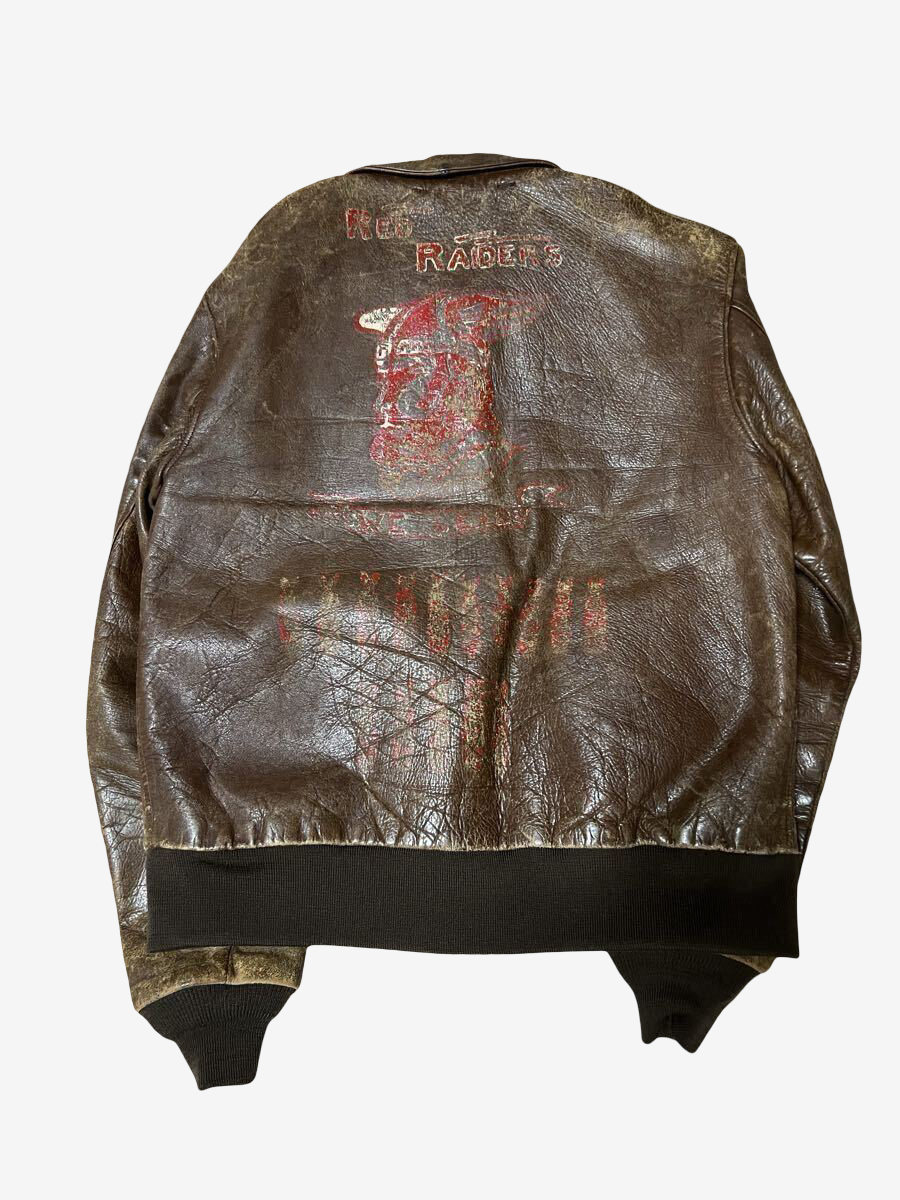 WWII Bronco A-2 Flight Jacket Red Raiders Back Paint USAAF Leather Size 40 42 WW2 Vintage