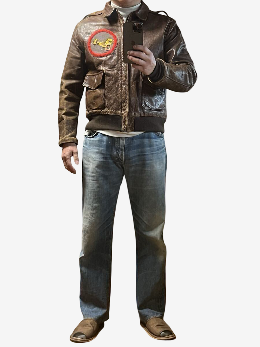 WWII Bronco A-2 Flight Jacket Red Raiders Back Paint USAAF Leather Size 40 42 WW2 Vintage