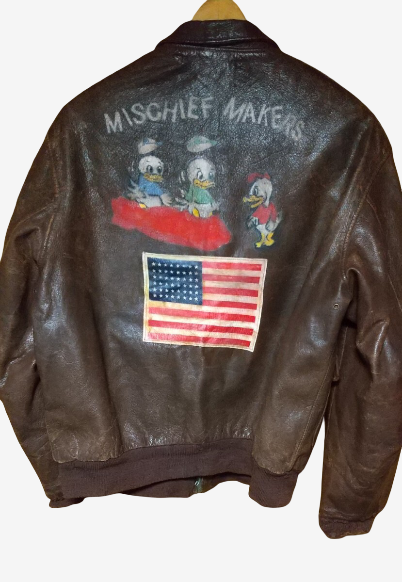 Musuem Quality WWII USAAF A-2 Flight Jacket Spiewak Van Kirk Attributed Mischief Makers Nose Art Crown Zipper Leather Size 42