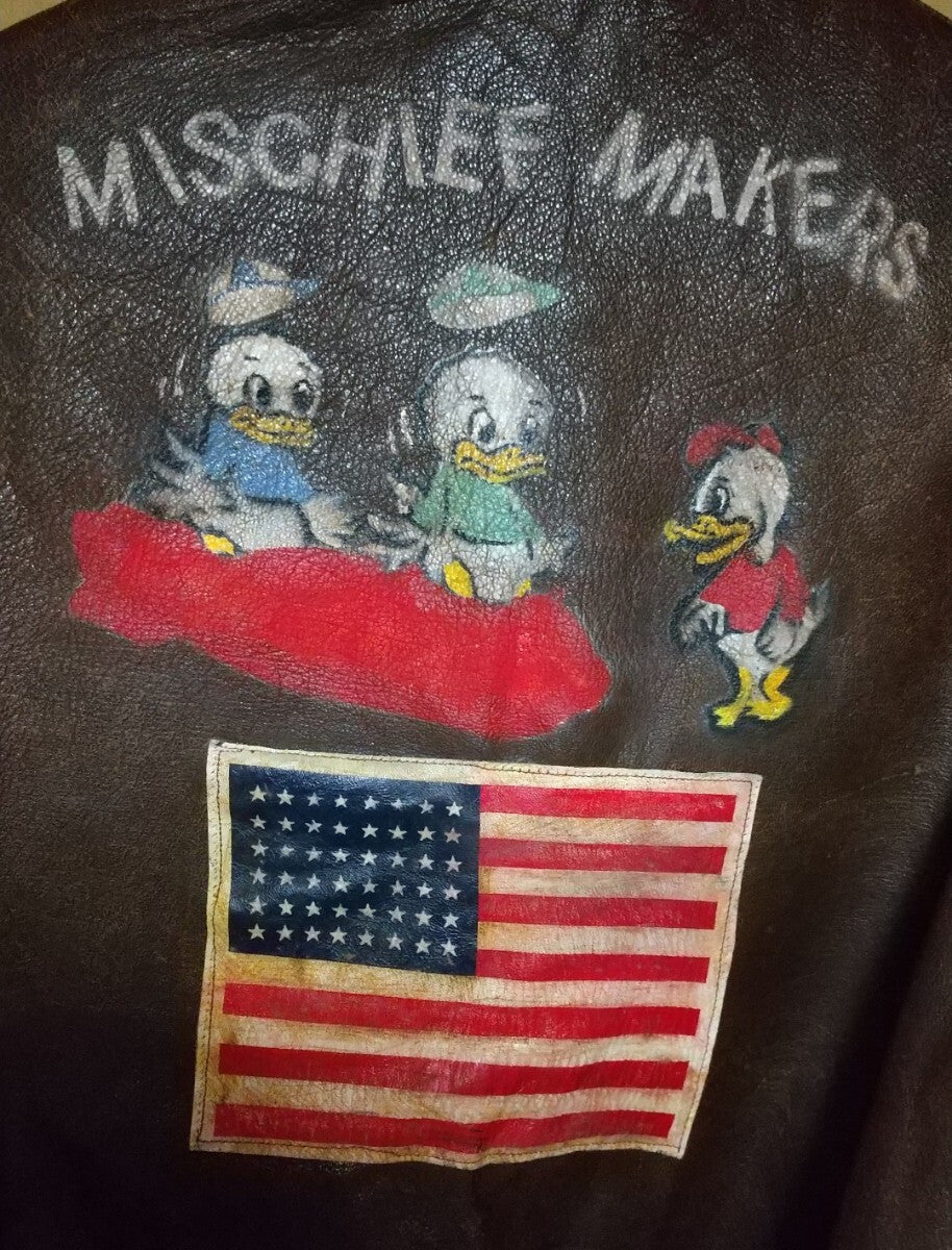 Musuem Quality WWII USAAF A-2 Flight Jacket Spiewak Van Kirk Attributed Mischief Makers Nose Art Crown Zipper Leather Size 42