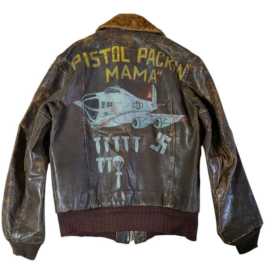 WWII WW2 A-2 Flight Jacket Pistol Packin Mama Hand Painted Nose Art Bomber Leather Vintage Military USA Aviation Artifact