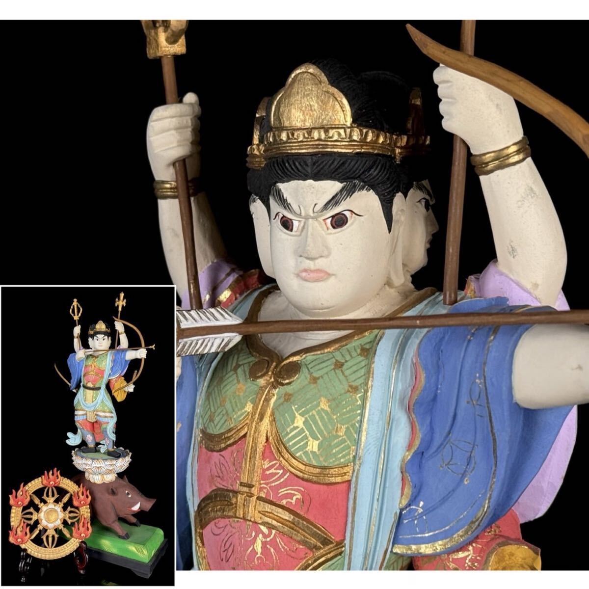 Wooden Polychrome Marishiten (Makuri Bosatsu) — Esoteric Guardian Deity on Boar