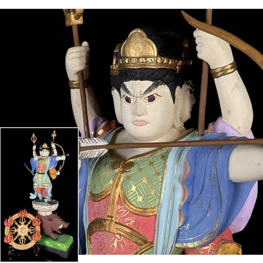 Wooden Polychrome Marishiten (Makuri Bosatsu) — Esoteric Guardian Deity on Boar